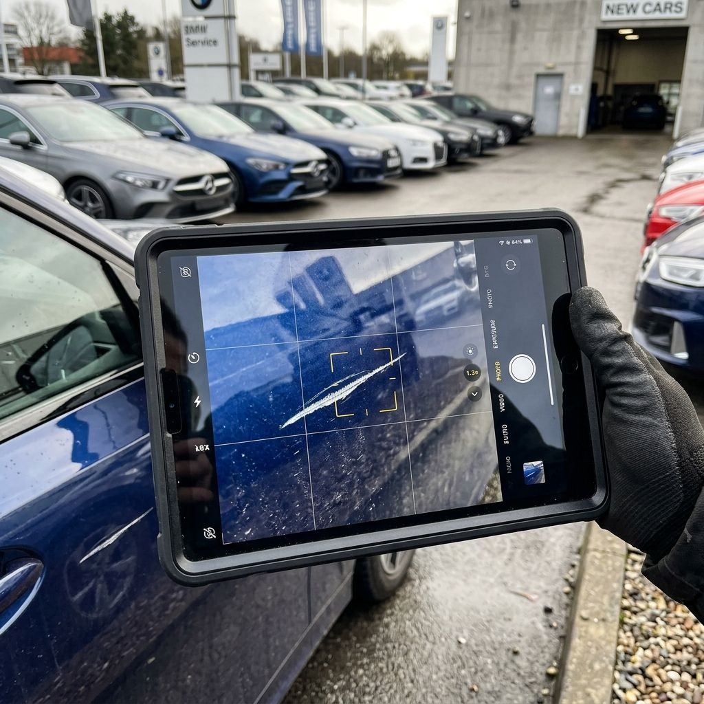An OVM driver photographing a scratch on a vehicle panel using a tablet at a dealership
