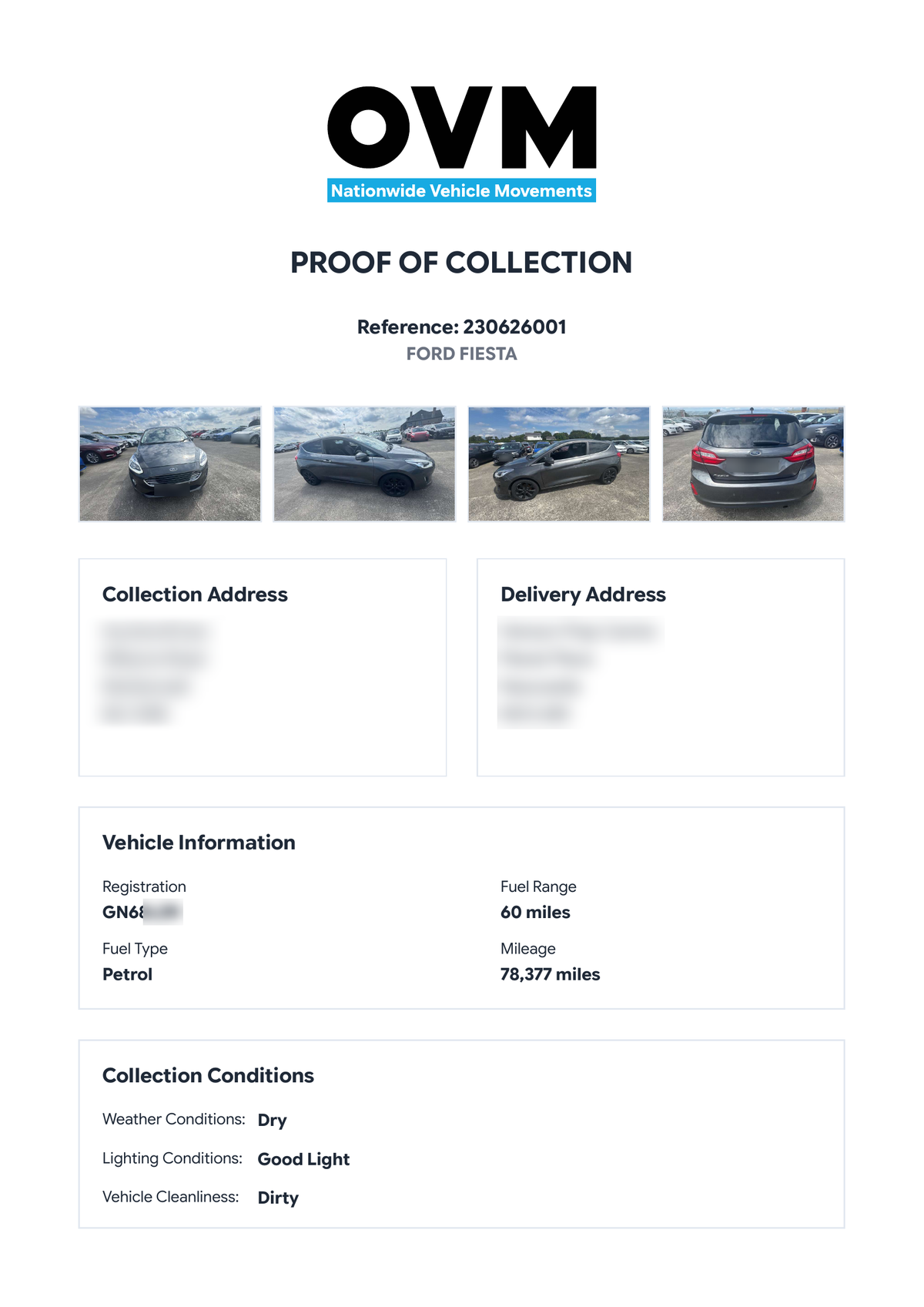 An OVM proof of collection report showing panel photographs, mileage reading and condition notes